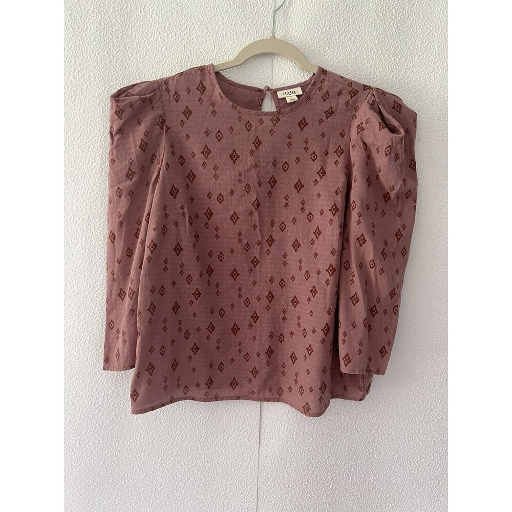 NEW a.n.a. Free Geo Rose Aztec Print Keyhole Back Puff 3/4 Sleeve Blouse S